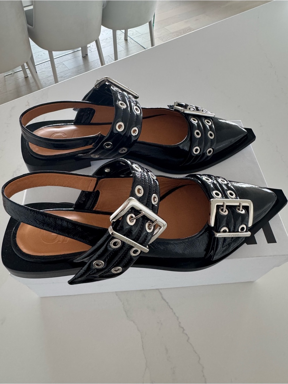Ganni Black Patent Pointed Slingback Flats with Buckle and Eyelet Straps